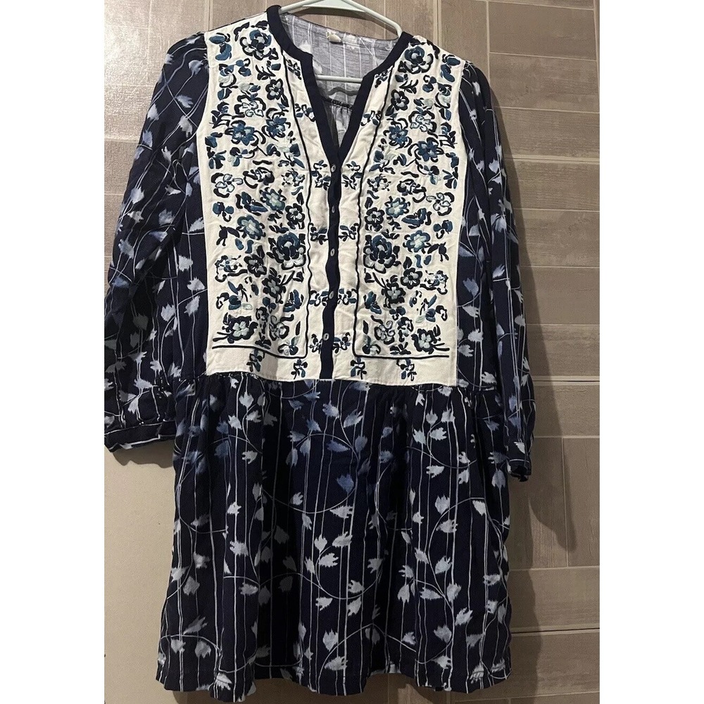 Anthropologie Tiny Semele Mini Dress Long Sleeve Blue Embroidered Floral Sz XS